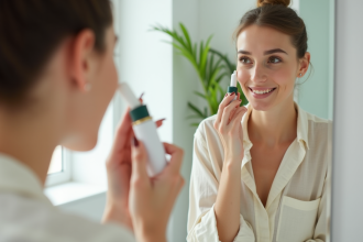 Femme française appliquant un sérum visage dans sa salle de bain lumineuse