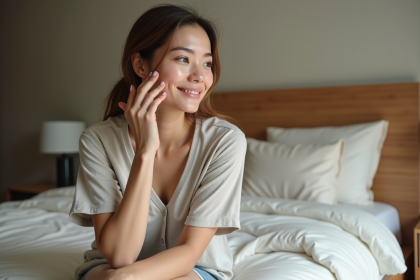 Femme appliquant une creme visage dans un decor serein