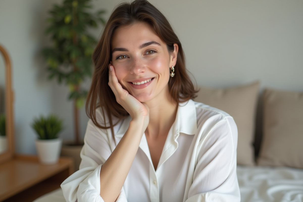 Femme souriante touchant son visage dans un cadre naturel