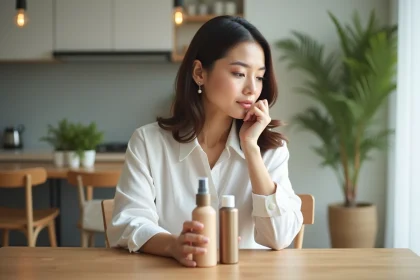 Femme tenant des sprays capillaires dans un intérieur cosy