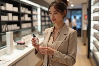 Femme examine un sérum Typology en magasin