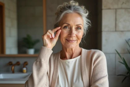 Femme d'un âge mûr appliquant crème anti rides dans salle de bain