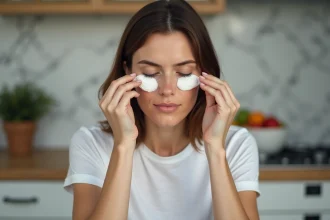 Femme appliquant des spoons froids sous les yeux à la maison