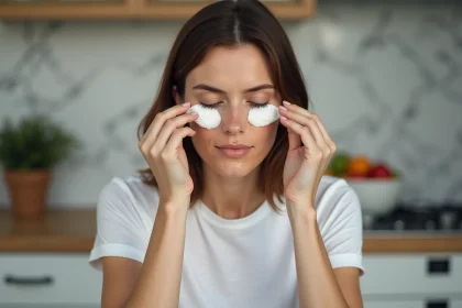 Femme appliquant des spoons froids sous les yeux à la maison