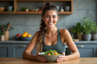 Femme souriante avec salade dans une cuisine moderne