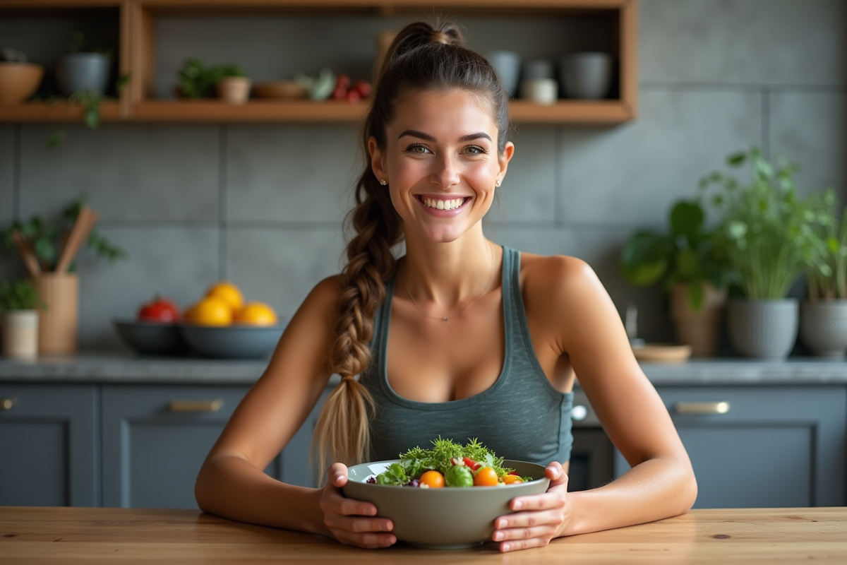Femme souriante avec salade dans une cuisine moderne