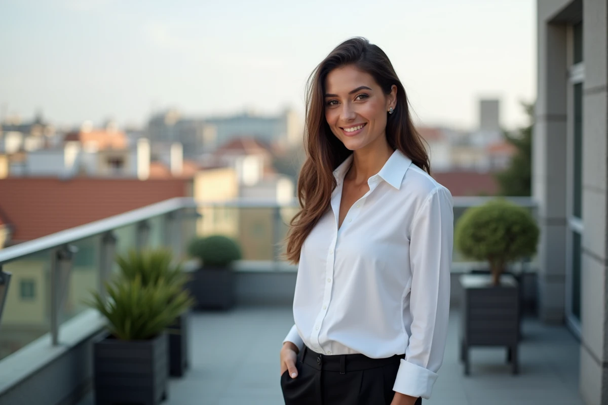 Jeune femme souriante en extérieur avec vue sur la ville et ses cheveux balayés