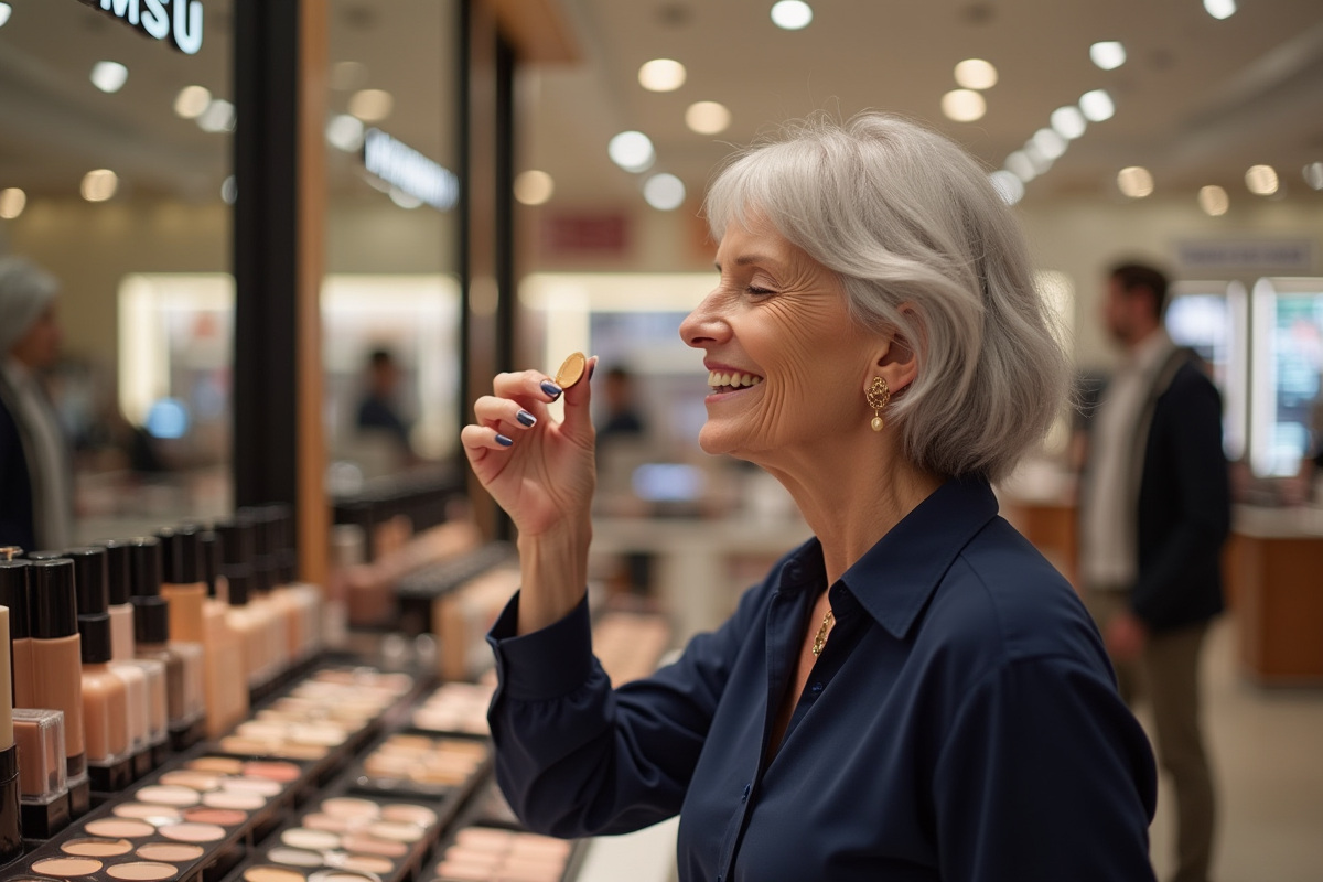 Femme âgée testant des teintes de fond de teint au magasin