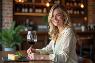 Femme souriante dégustant un vin Bordeaux dans un bar chaleureux