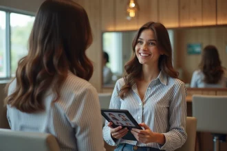 Jeune femme regardant des coiffures virtuelles dans un salon moderne