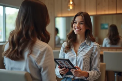 Jeune femme regardant des coiffures virtuelles dans un salon moderne