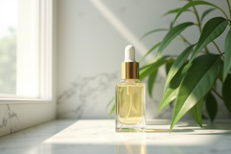 Flacon de serum élégant avec pipette dorée sur marbre