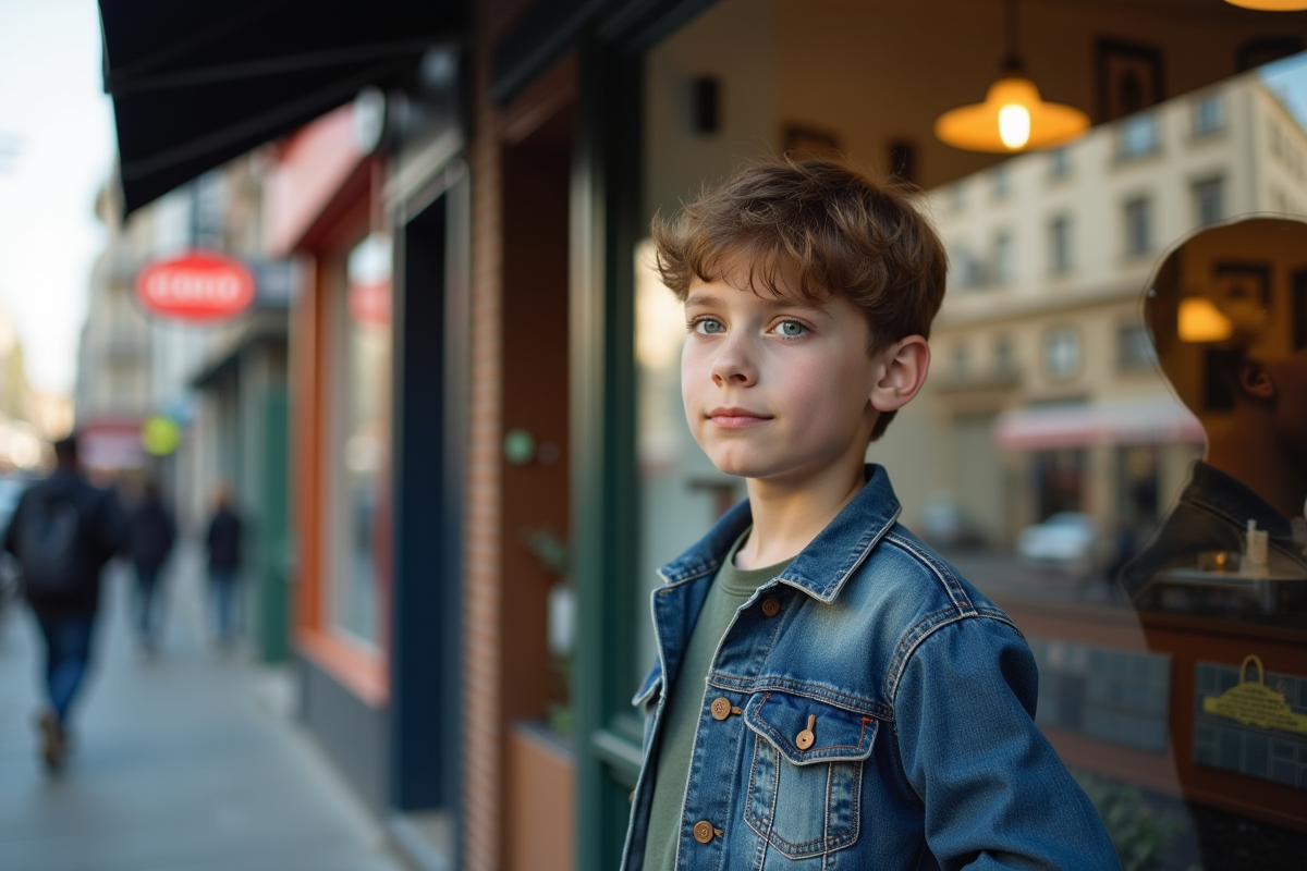 Adolescent regardant dans la vitrine d’un barbershop urbain