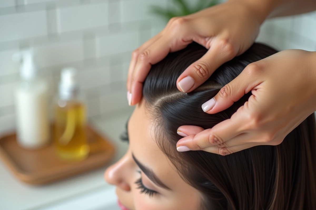 Gros plan sur les mains massant un sérum de croissance capillaire dans les cheveux au niveau du cuir chevelu