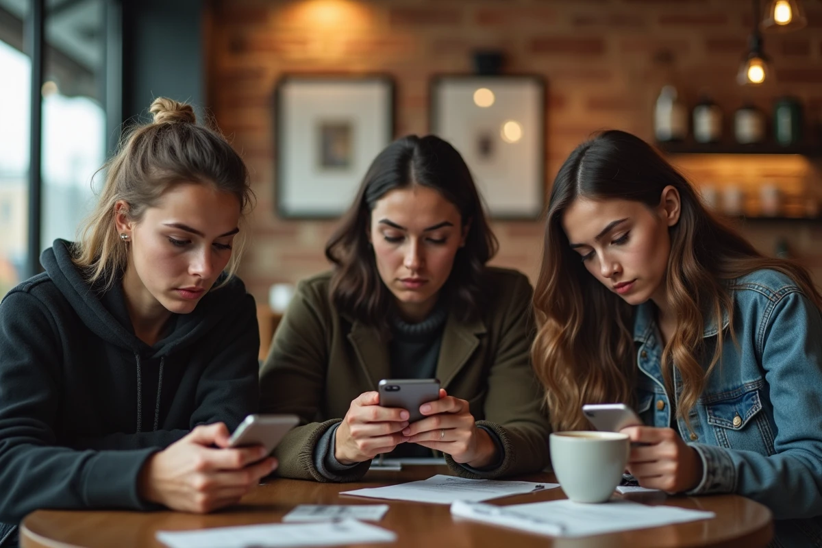 Trois amis au café utilisant leurs téléphones