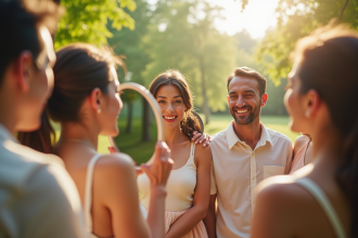 Groupe divers de personnes souriantes avec miroirs reflet naturel