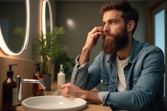 Homme avec barbe appliquant de l'huile de barbe dans sa salle de bain