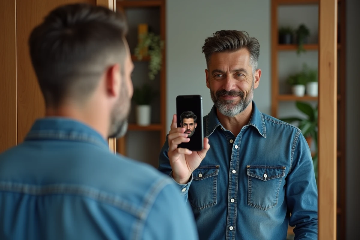 Homme utilisant une application de coiffure sur son téléphone à la maison