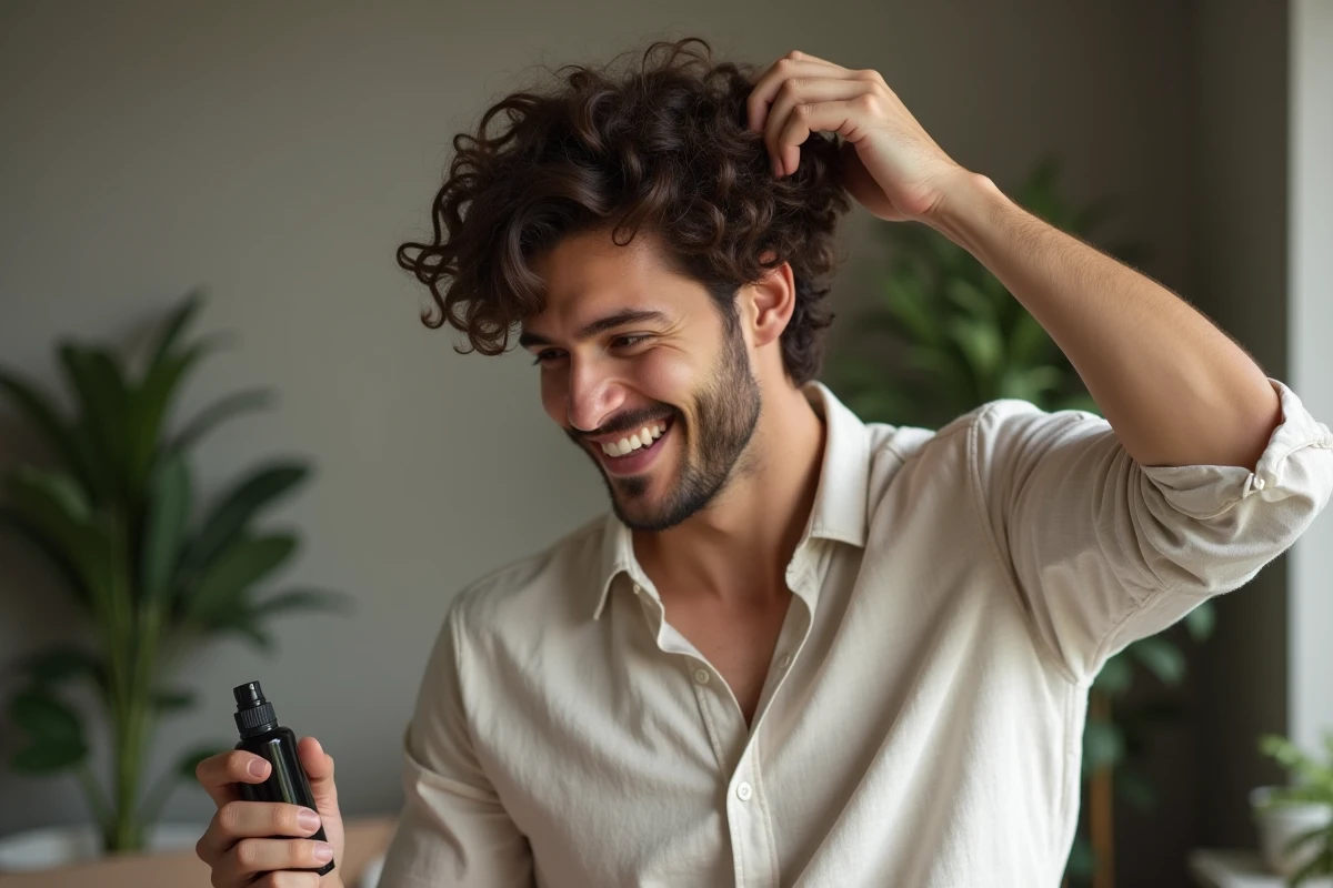 Jeune homme coiffant ses boucles dans un salon moderne
