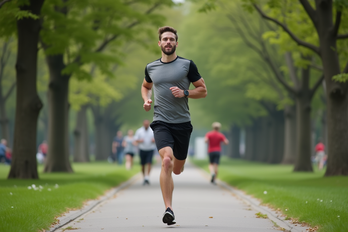 Jeune homme courant dans un parc urbain
