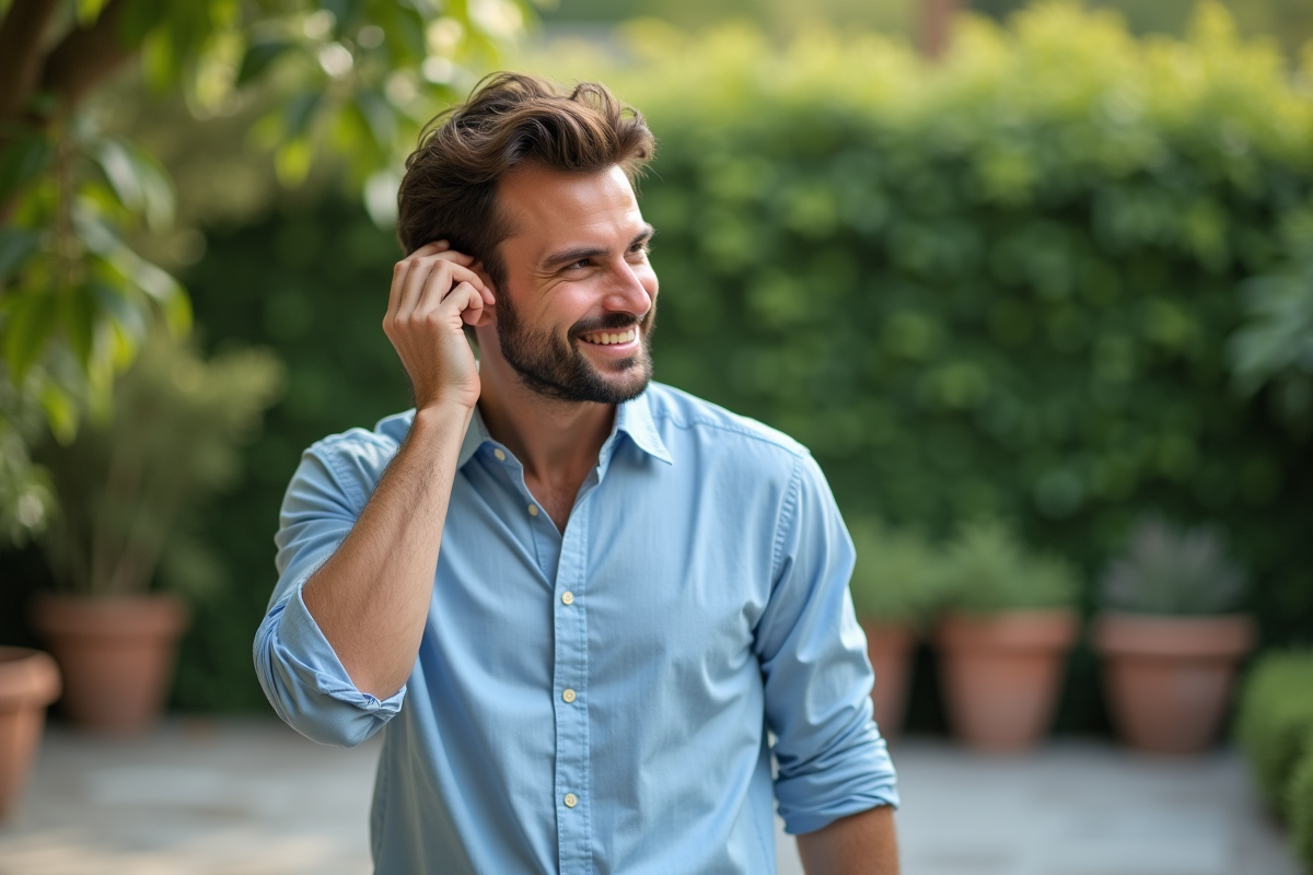 Homme appliquant de l huile capillaire dans un jardin verdoyant
