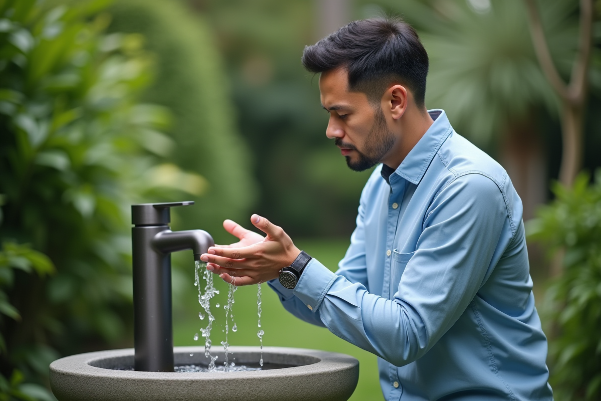 Homme se rinçant le visage dans un jardin apaisant