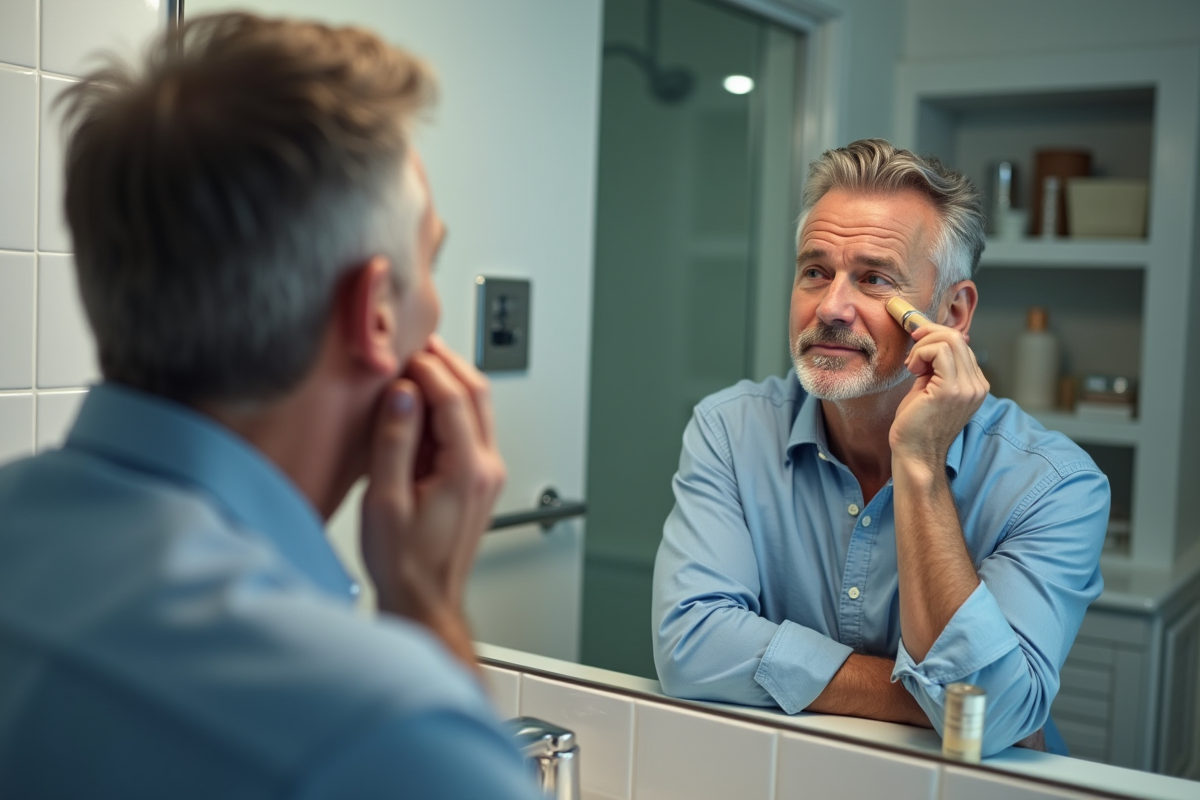 Homme d age appliquant du fond de teint sur le front