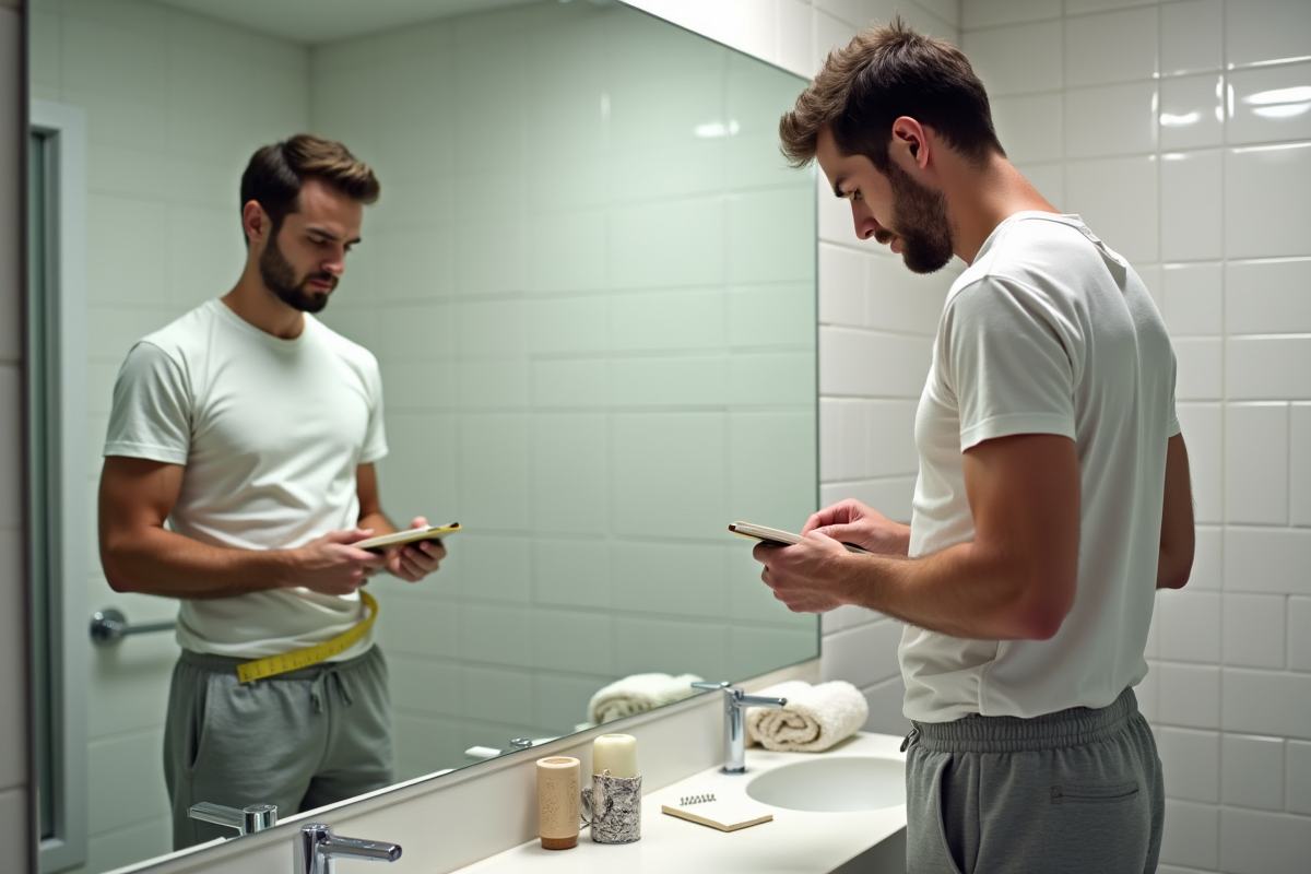 Homme prenant sa taille devant un miroir de salle de bain