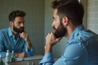Homme barbu regardant son reflet dans le miroir