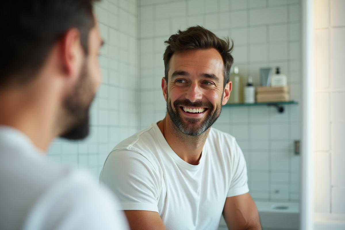Homme examine son visage dans le miroir de la salle de bain