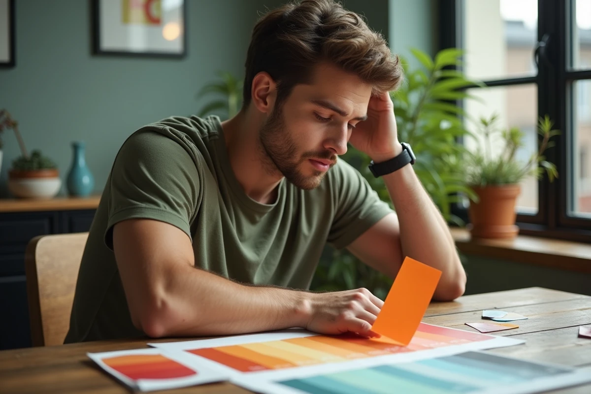 Jeune homme examinant un échantillon de peinture rustorange à la table