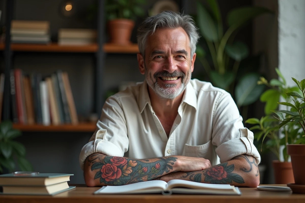 Homme en intérieur montrant son tatouage de roses