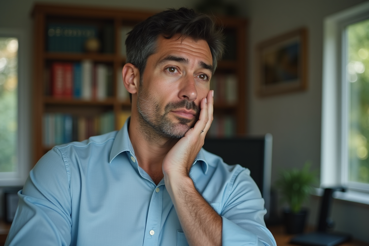 Homme regardant son reflet en touchant sa joue dans un bureau