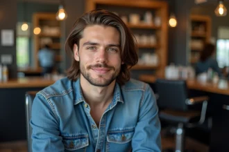 Homme avec coiffure longue et fade en salon moderne