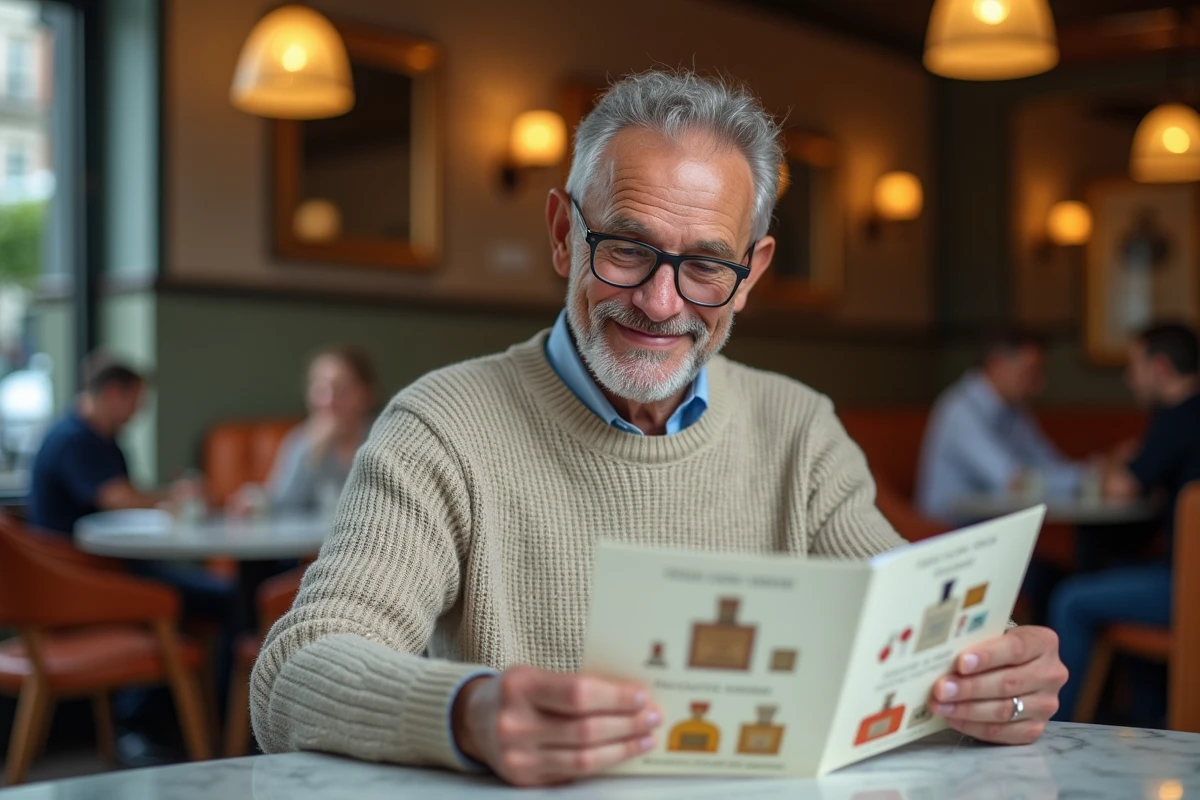 Homme souriant examine un catalogue de parfums au café