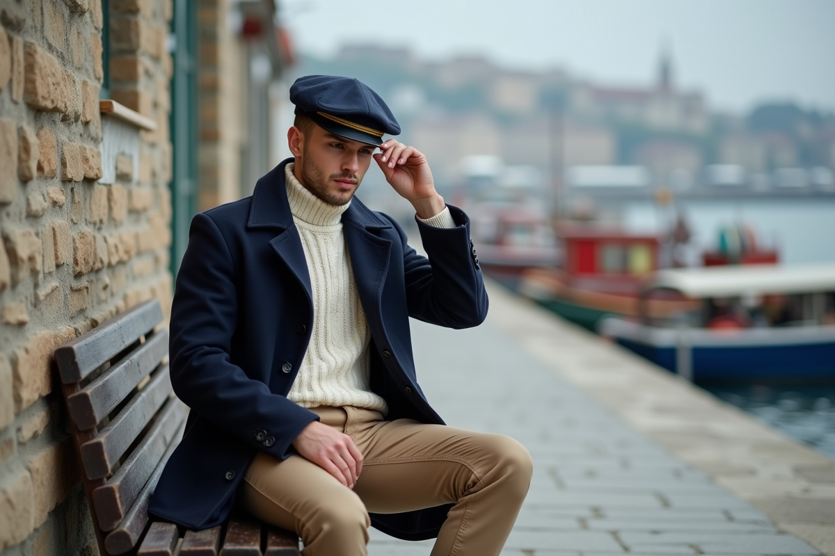 Jeune homme ajustant son chapeau de marin au port