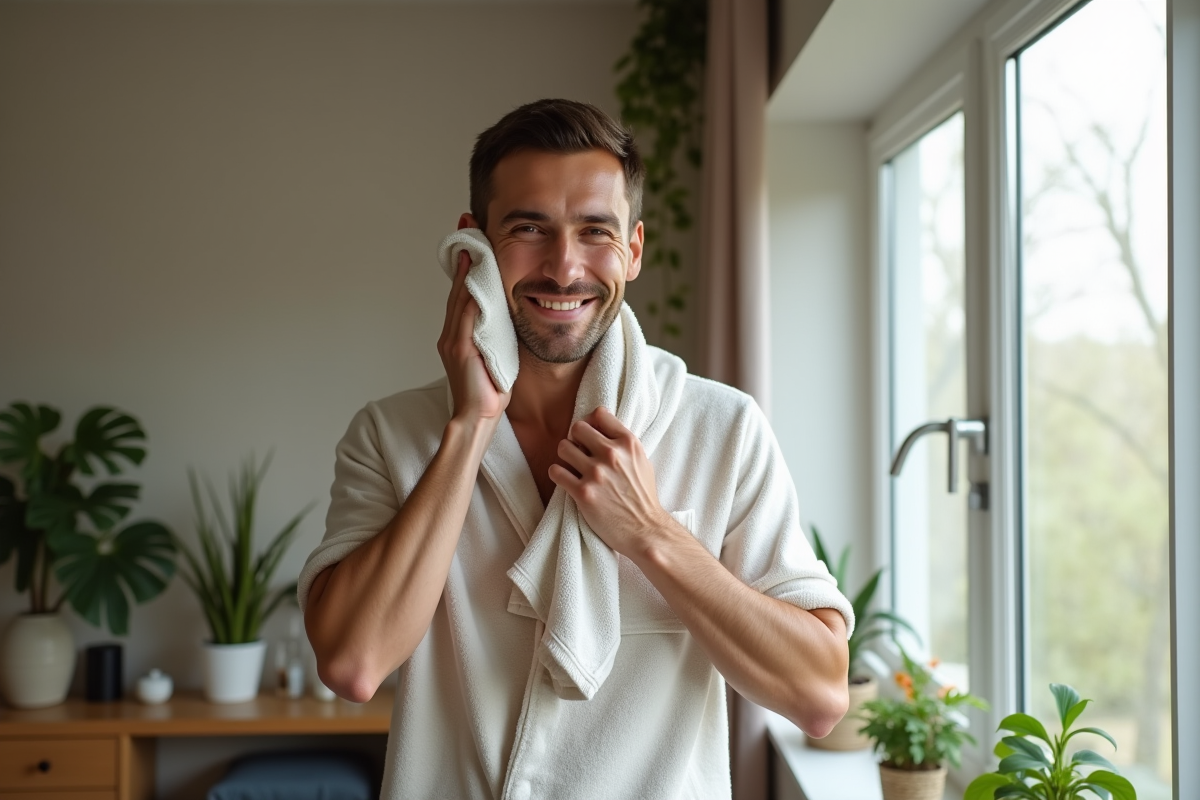 Homme essuyant son visage dans une chambre chaleureuse