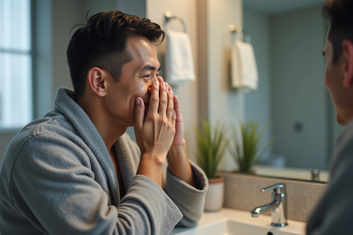 Homme se massant le contour des yeux dans sa salle de bain