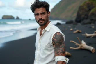 Homme avec tatouage Maori sur bras sur plage venteuse
