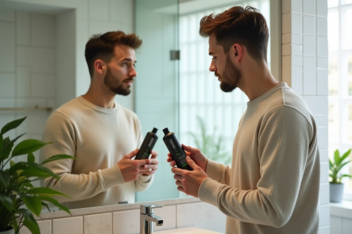 Homme comparant deux produits capillaires dans la salle de bain