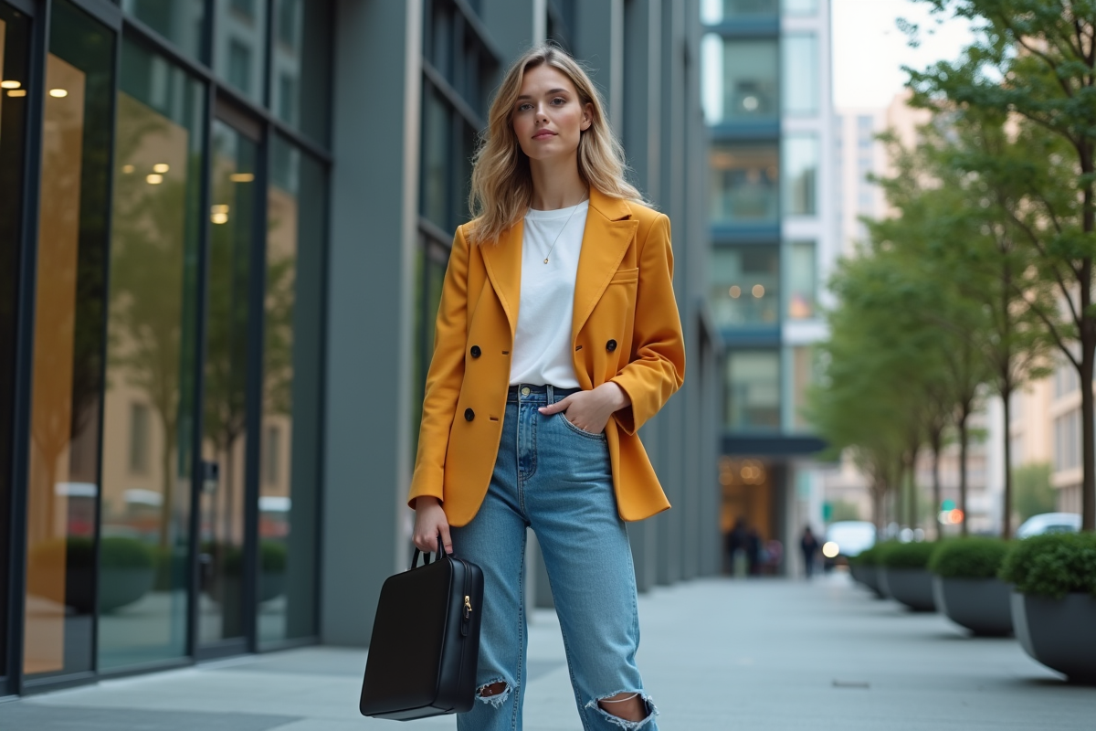 Jeune femme confiante devant une agence moderne en ville