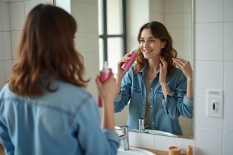 Jeune femme appliquant une coloration capillaire dans la salle de bain