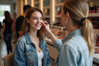 Jeune femme souriante en maquillage dans un magasin de beauté