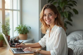 Jeune femme souriante se maquillant dans une chambre lumineuse