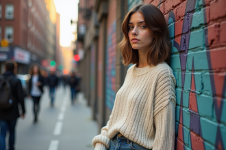 Jeune femme en sweater crème devant un mur de ville coloré