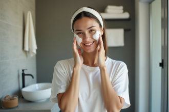 Jeune femme en train de masser son visage avec un nettoyant