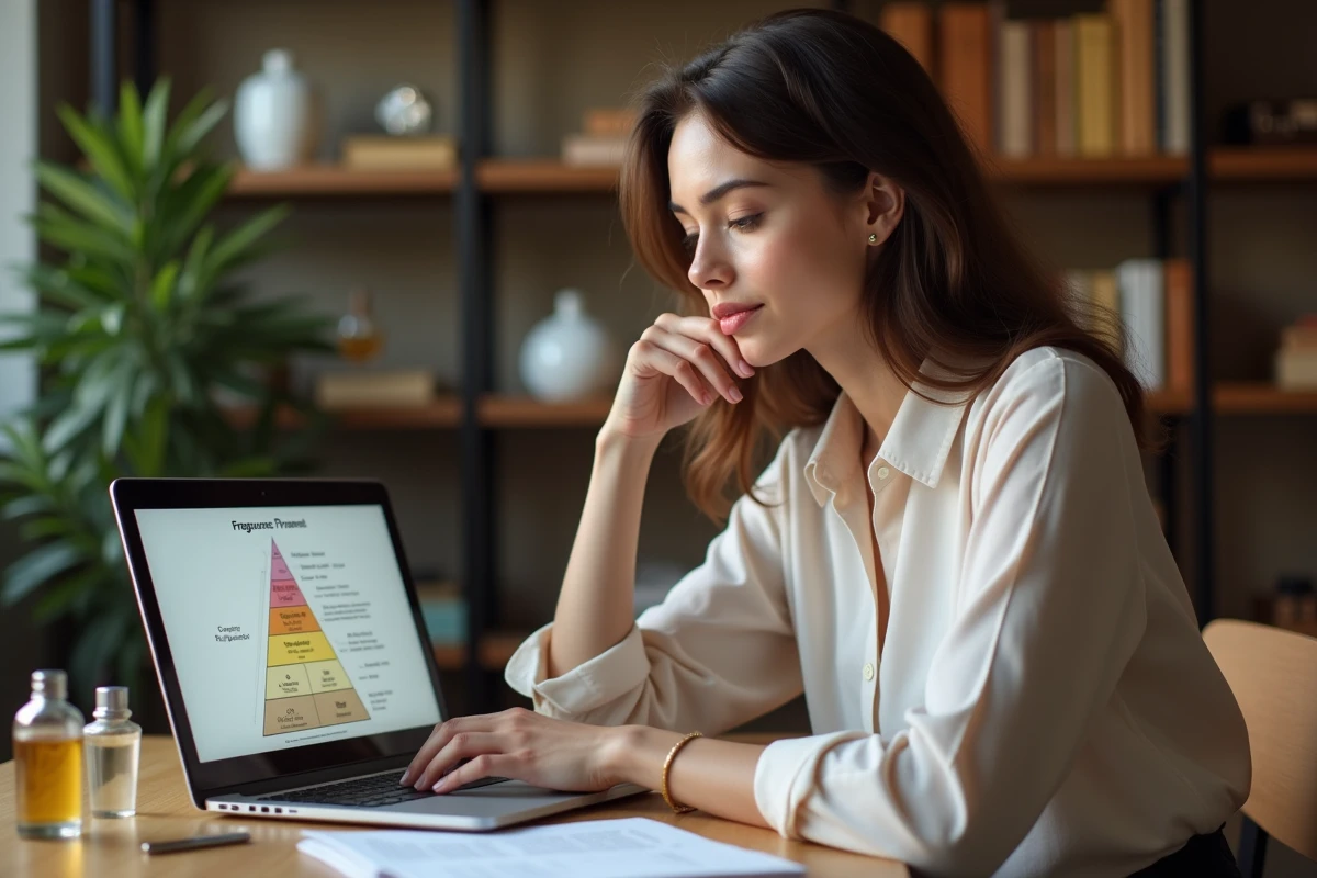 Jeune femme étudie une pyramide olfactive de parfum