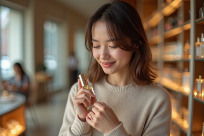 Jeune femme testant un parfum dans une boutique élégante