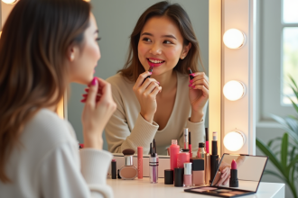 Jeune femme appliquant un rouge à lèvres vif devant un miroir