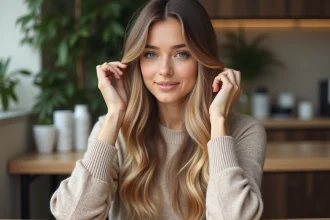 Jeune femme aux cheveux balayage dans un salon moderne